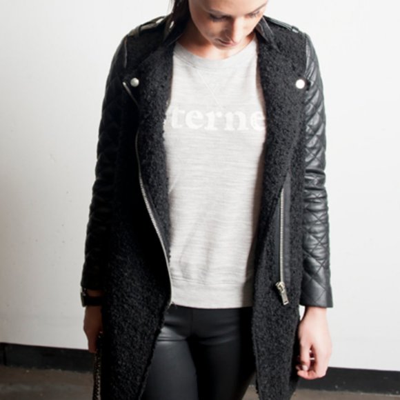 💥EDGY CHIC💥QUILTED LAMBSKIN LEATHER SLEEVES MOHAIR MOTO COAT in BLACK - Picture 3 of 16